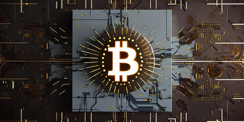 Illuminated White Bitcoin symbol on a stylized electronic circuit board.
