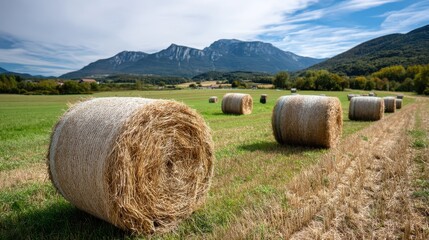Bales of hay scattered across a picturesque meadow with mountains above