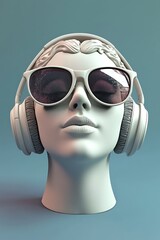 Music Concept with 3D Sunglasses: A minimal 3D scene showing sunglasses and headphones on a human head sculpture, representing a music and lifestyle theme.