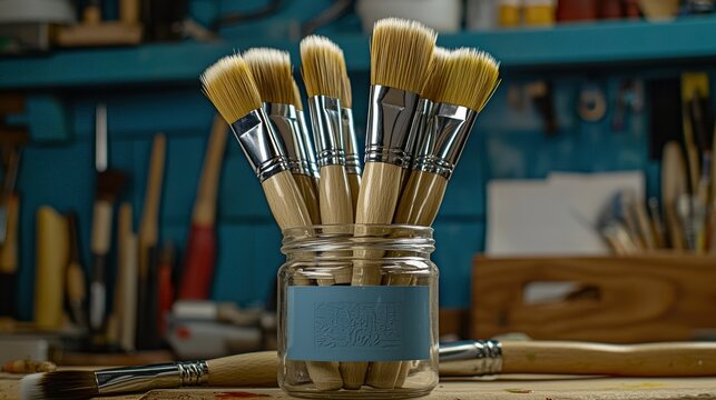Paintbrushes in mason jar, workshop background