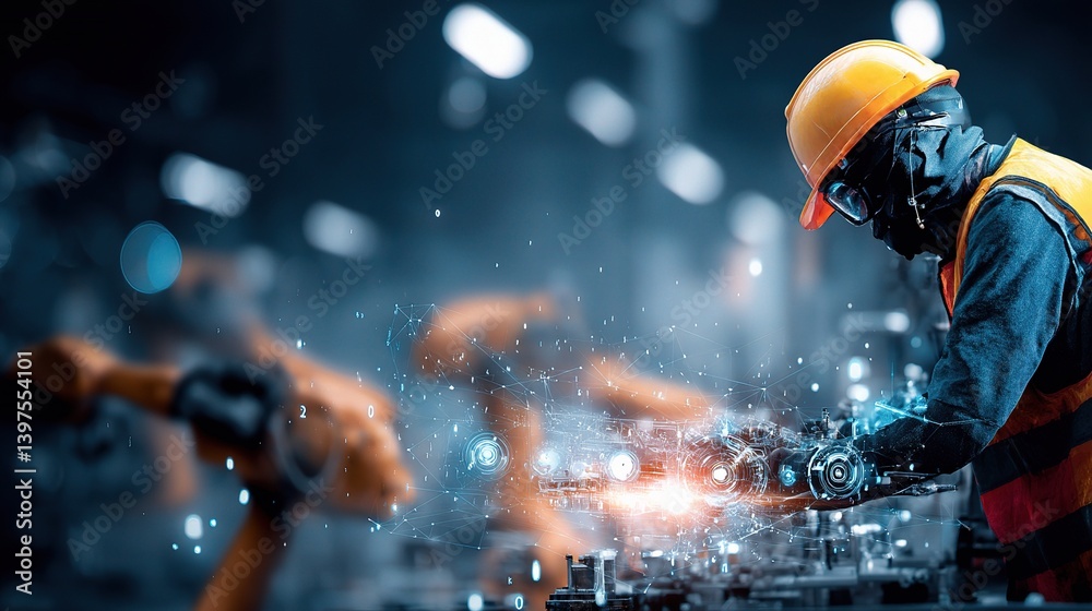 Poster advanced mechanization in factory with robotic arms and worker