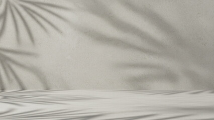 Concrete Wall Texture with Leaves Shadow Overlay Background,Off White Cement with Tropical Branches Tree Shadow on floor.Empty Studio Room Display Backdrop for Cosmetic Product presentation