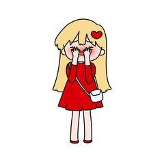 A girl in a red dress is crying and has a heart on her head