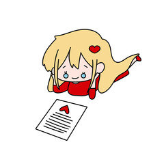 A girl is sitting on the floor and writing a love letter