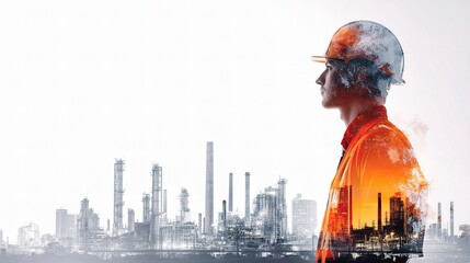 Double Exposure of Engineer with Industrial Background and Overlays