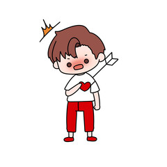 A cartoon boy holding a red heart and a red arrow