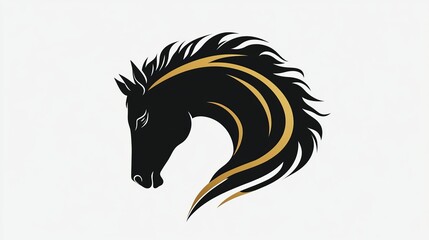 A stylized black horse head with golden accents on a white background illustration design art