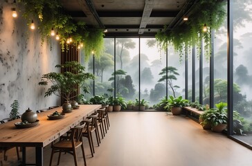 Fototapeta premium Serene indoor space with large windows overlooking a misty forest. A long wooden table sits amidst lush potted plants, creating a tranquil atmosphere.