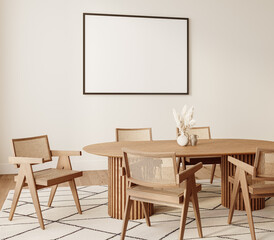 Elegant dining room with wooden furniture and artwork