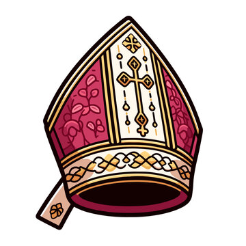 Catholic bishop's mitre hat with gold cross embroidery. Ideal for religious ceremony attire, church hierarchy illustrations, ecclesiastical garment collections, or papal ritual visuals.