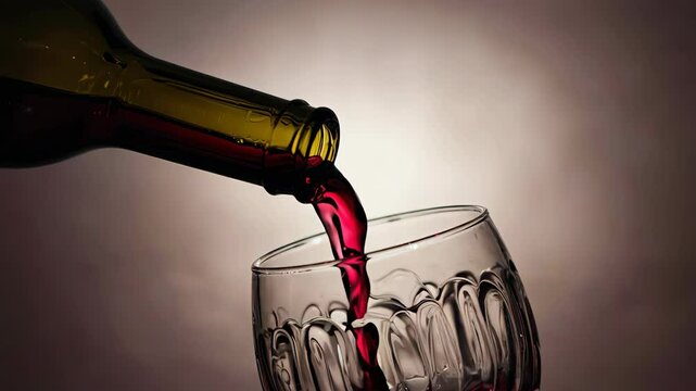 Elegant red wine pouring into crystal glass with subtle aromatic swirls in a luxurious setting