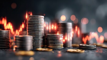 Abstract Stacks of Coins with Forex Line Overlays and Financial Theme