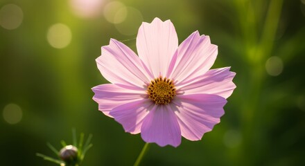 Obraz premium Pink Cosmos Flower in Sunlight - A single pink cosmos flower basks in the warm sunlight, petals delicately illuminated. Soft green bokeh background