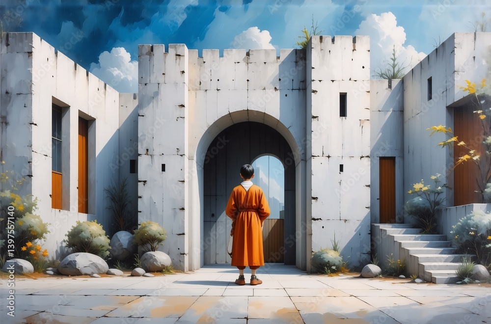 Poster a lone figure in an orange robe stands before a weathered, arched gateway of a minimalist concrete s