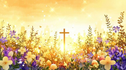 A majestic wooden cross stands tall in a vibrant field of blooming Easter flowers bathed in the warm golden glow of a sunrise symbolizing Christian faith and resurrection hope.