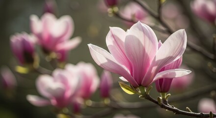Fototapeta premium Pink Magnolia Blossoms in Spring - Delicate pink magnolia flowers in full bloom, bathed in soft sunlight. A beautiful springtime scene