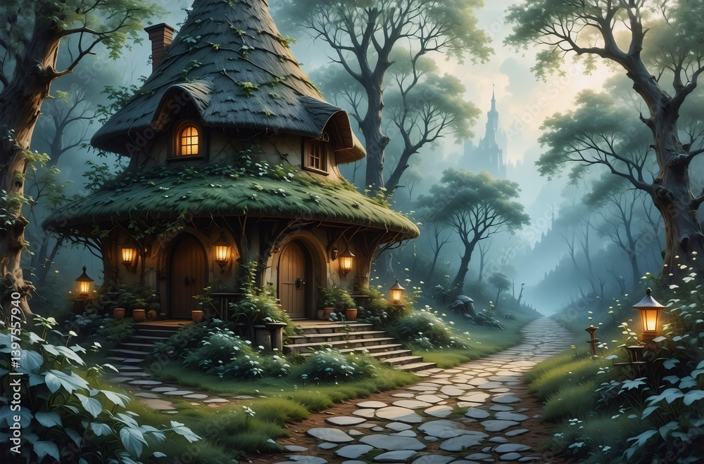 Poster A mystical thatched cottage nestled in a misty forest, illuminated by warm lamplight. A stone path leads towards a distant, majestic castle, hinting at magic and adventure.
