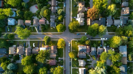 Aerial shot of a suburban neighborhood with intersecting streets, diverse houses, green trees, parked cars, daytime lighting, spacious layout.  