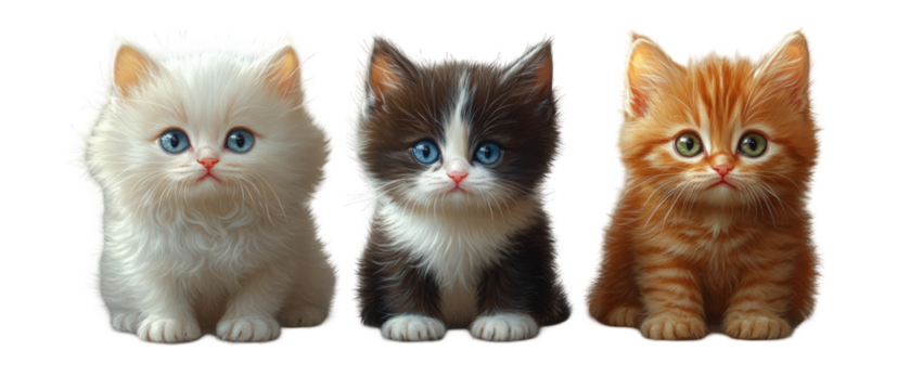 Three adorable kittens of varying colors sit side by side, showcasing their unique features and expressions