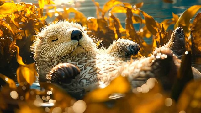 Serene sea otter naps amidst golden kelp