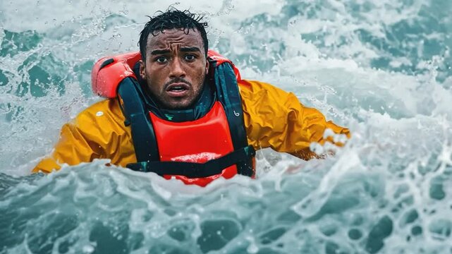 Seaman swimming in rough sea with life vest
