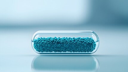 Close-up of a futuristic transparent capsule filled with small blue microbeads, symbolizing advanced pharmaceuticals, biotechnology, and innovative drug delivery systems.