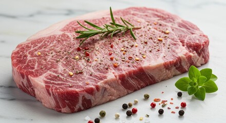 Fototapeta premium Premium Raw Strip Steak - A seasoned raw strip steak ready for grilling, garnished with rosemary and peppercorns. High-quality beef