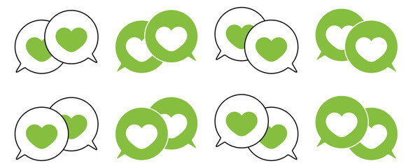 シンプルな重なる吹き出し セット 伝え合うハートマーク 黄緑色