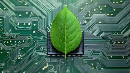 A vibrant green leaf placed on a microchip, symbolizing eco-friendly technology, sustainable computing, and the integration of nature with innovation.