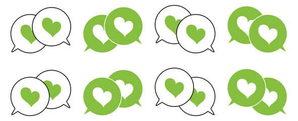 シンプルな重なる吹き出し セット 伝え合うハートマーク 黄緑色