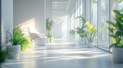 organized medical corridor with modern white chairs and greenery elements in a clean sterile space highlighting minimalist healthcare design