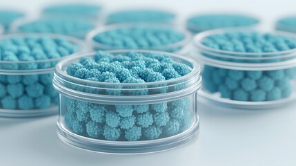 Close-up of multiple petri dishes filled with textured blue biological samples, representing scientific research, microbiology, biotechnology, and laboratory studies.