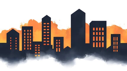 Digital illustration of a city skyline in silhouette style with a watercolor background, featuring warm orange tones and artistic brush strokes.