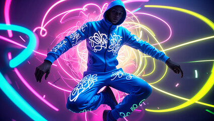 Young Man Dressed In Blue Tracksuit Performing Dance Moves Against Neon Lights