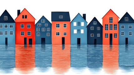 Artistic watercolor-style illustration of houses partially submerged in water, depicting flooding, climate change, and rising sea levels in urban areas.