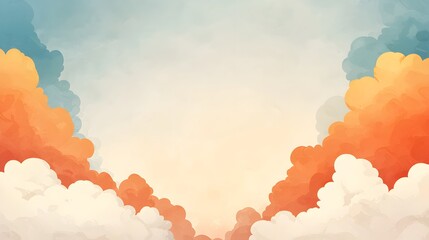 Artistic digital watercolor painting of a sky with soft, fluffy clouds in shades of orange, blue, and white, creating a dreamy atmosphere.