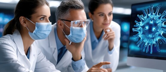 A group of scientists in lab coats and masks analyzing a digital representation of a virus on a computer screen.