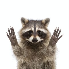 Obraz premium Curious raccoon standing upright with paws raised, set against a plain white background, showcasing its playful nature