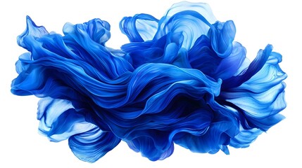 Vivid abstract image of blue silk-like fabric swirling in mid-air, resembling a dynamic wave or cloud on white background.