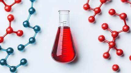 Laboratory flask filled with red liquid surrounded by red and blue molecular models, symbolizing chemistry, biology, or pharmaceutical research.