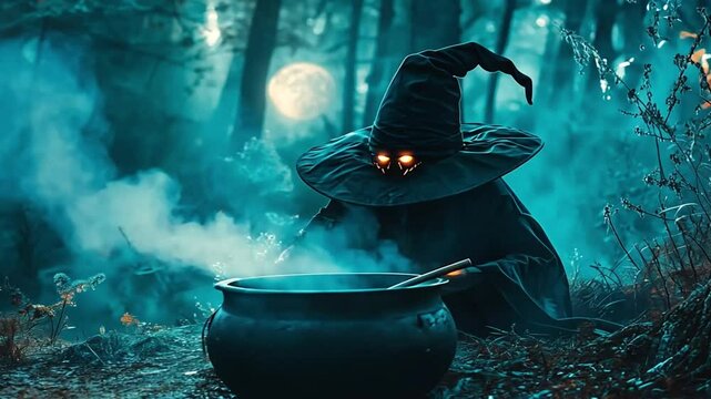 Enigmatic witch brewing potions under the moonlit forest canopy