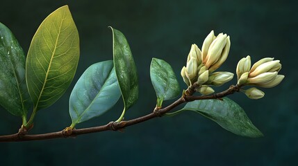 Elegant Magnolia Branch with Fresh Green Leaves and Budding Flowers