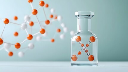 Scientific glass vial containing a molecular model with orange atoms, representing chemical research, innovation, and molecular science on a clean background.