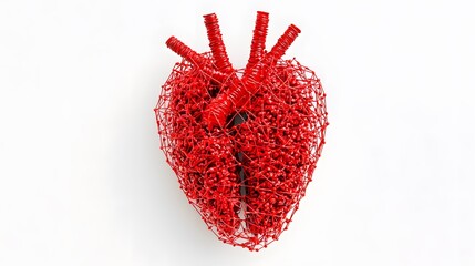 Creative 3D rendering of a human heart formed from red wires and tubes, symbolizing technology, biology, and cardiovascular science.