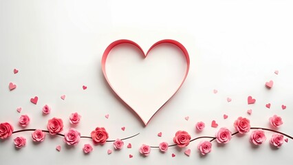 Elegant Continuous Line Heart Shape Border with a Realistic Paper Heart on a Bright White Background for Heartwarming Greetings and Graphic Designs