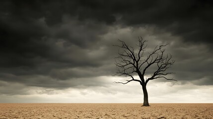 A solitary dead tree stands on cracked, barren earth under dramatic storm clouds, symbolizing drought, climate change, and desolation.