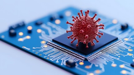 A 3D-rendered virus model sits on a computer chip, symbolizing cybersecurity threats, malware, and digital infection in technology systems.