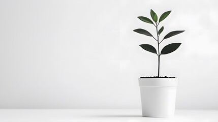 A small green plant in a white pot stands against a clean white background, representing growth, simplicity, and modern interior decor.