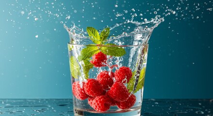 Refreshing Raspberries and Mint in Water - Close-up of fresh raspberries and mint leaves splashing into a glass of water. Vibrant colors and dynamic water droplets