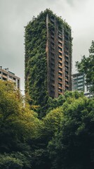 Obraz premium A Tall Abandoned Building Overgrown With Lush Green Vegetation